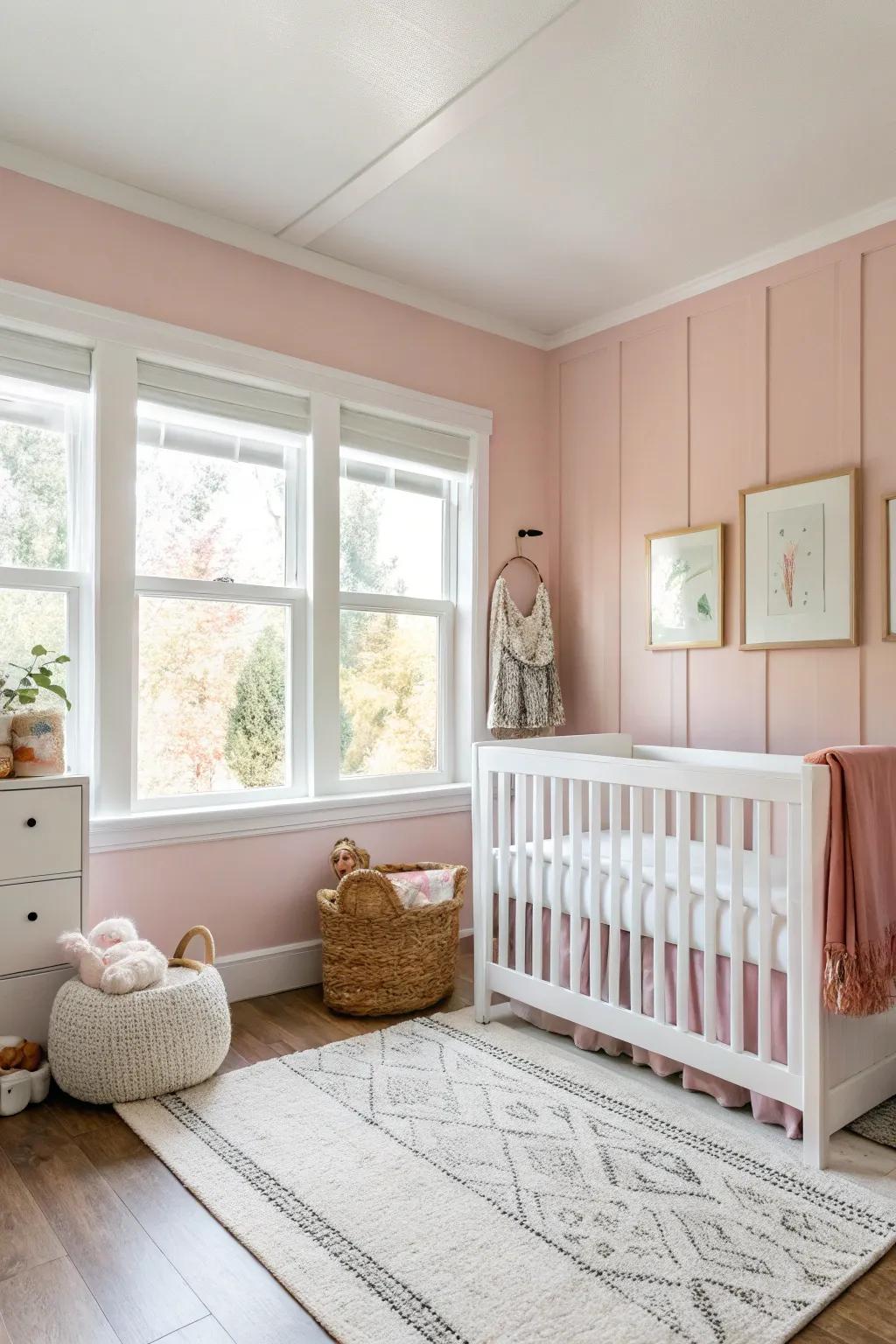A nursery beautifully harmonizing soft rose-tinted hues with pristine white elements.