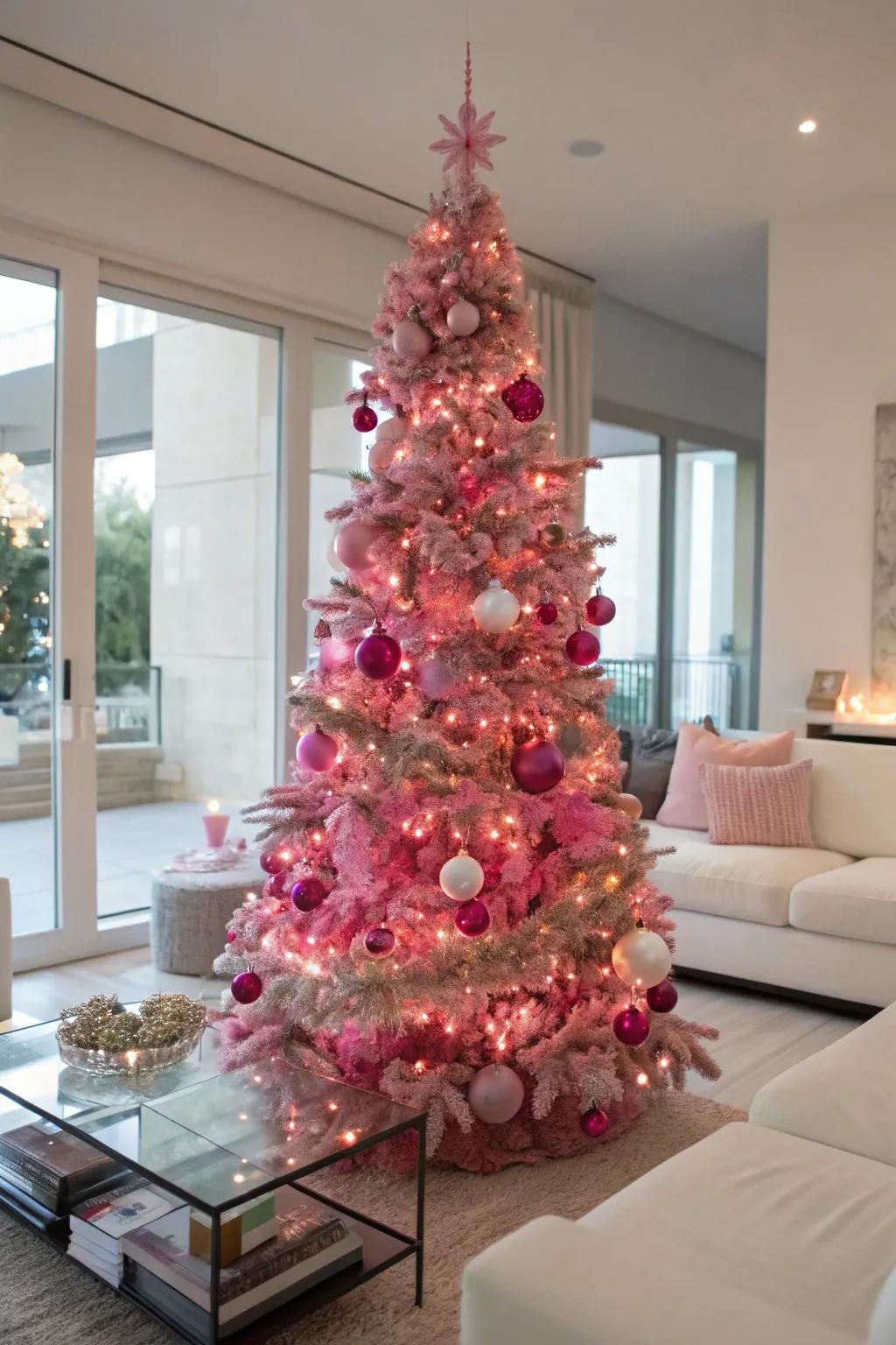 A fully pink Christmas tree commands attention with its vivid colors.