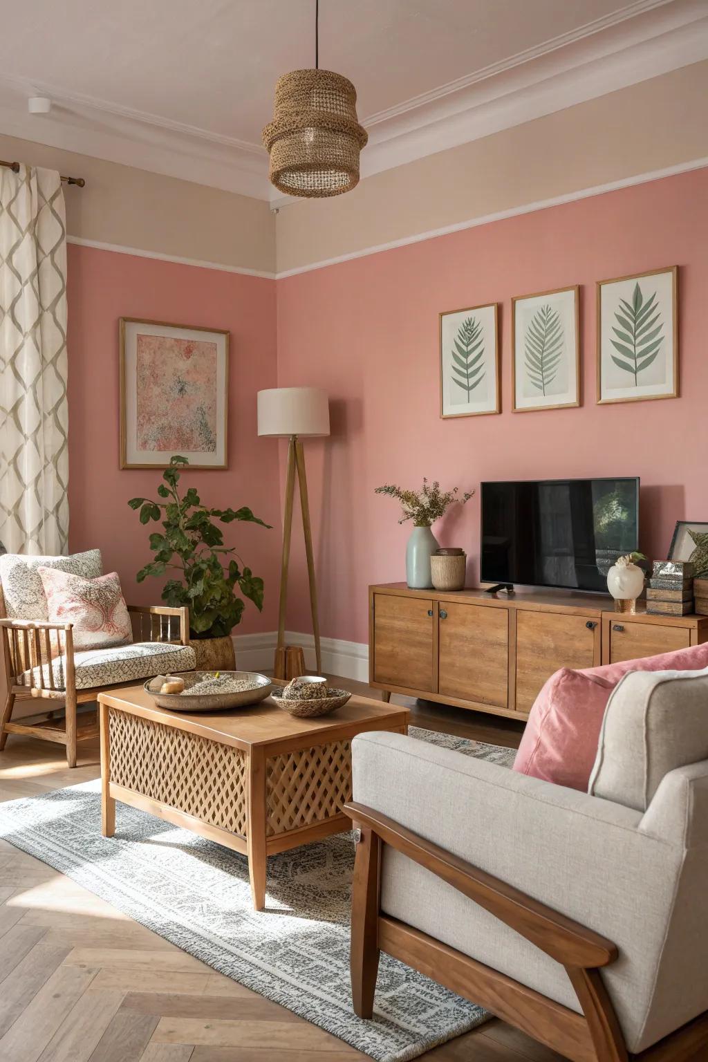 Rose tinted walls provide a tranquil canvas for an elegant family space.
