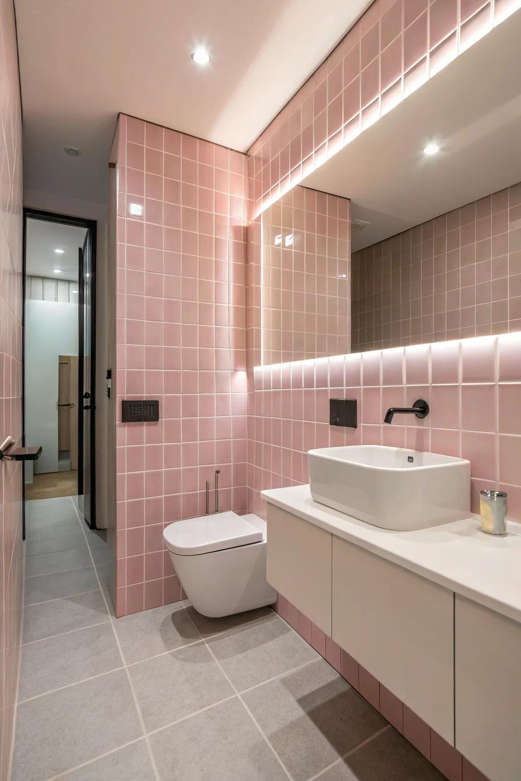 A simple bathroom design that uses pink tiles as the standout feature.