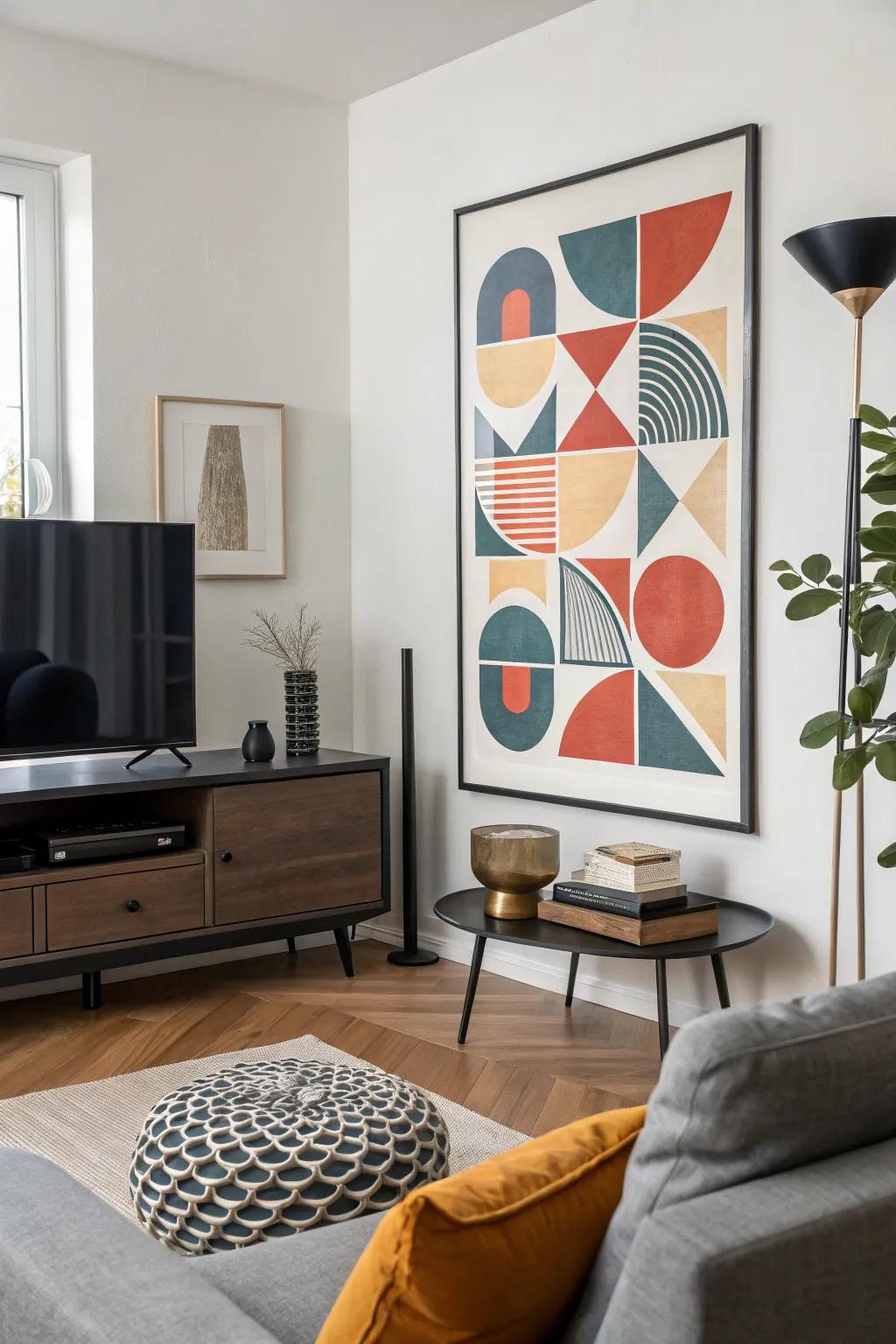 A stunning geometric wall art featuring abstract shapes in a modern living area.