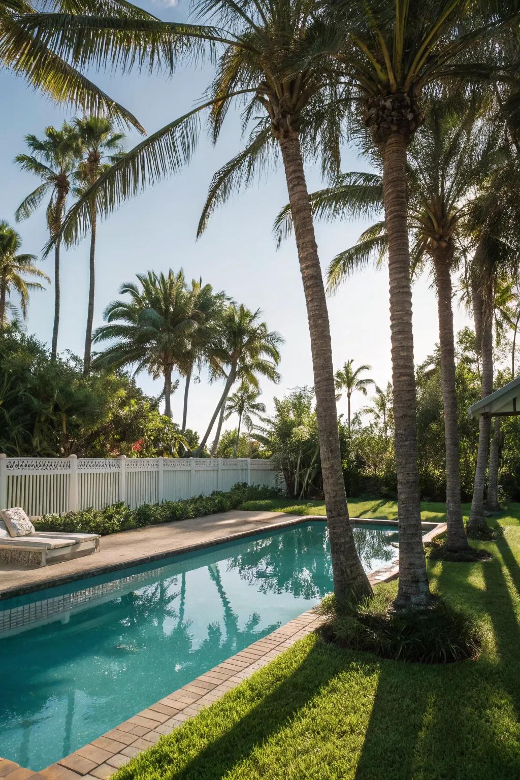 Palm trees infuse a hint of tropical sophistication into any poolside setting.