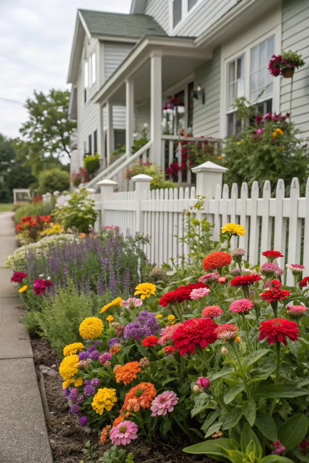 Lush, vibrant flower beds create an inviting and cheerful atmosphere.