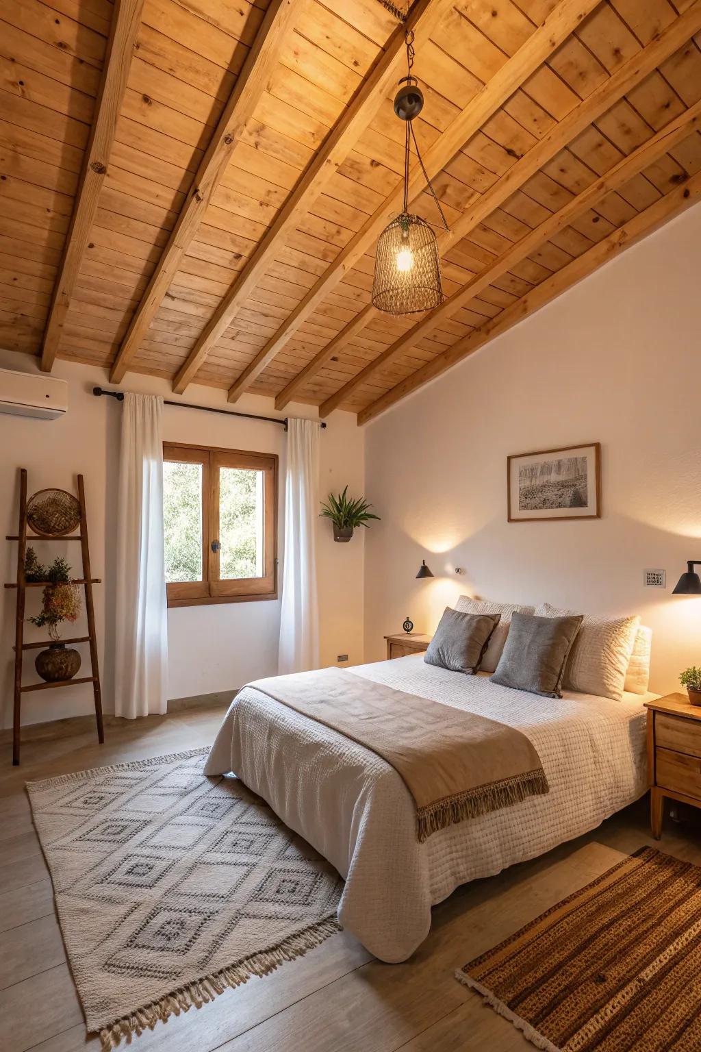 A serene bedroom featuring a plywood ceiling, embracing the room with warmth.