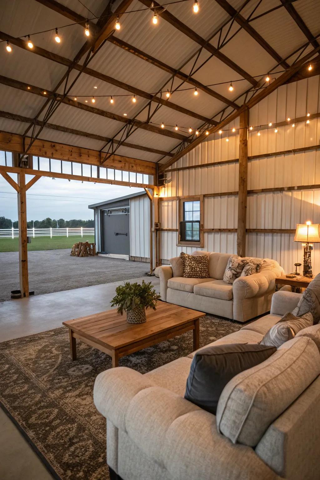 A comfortable living space inside a pole barn, complete with warm lighting and plush furniture.