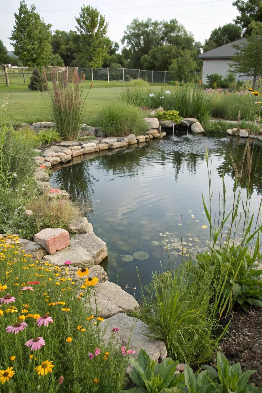 A pond with all-natural stone borders, blending effortlessly into the garden's landscape.