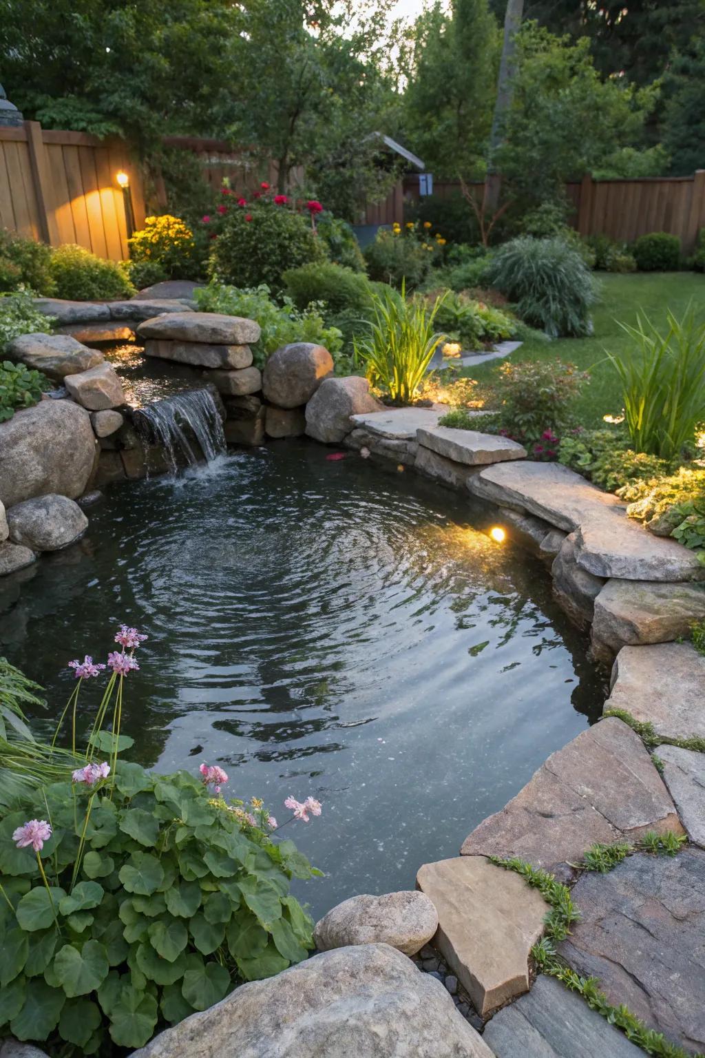 A backyard pond tastefully outlined by natural rocks.