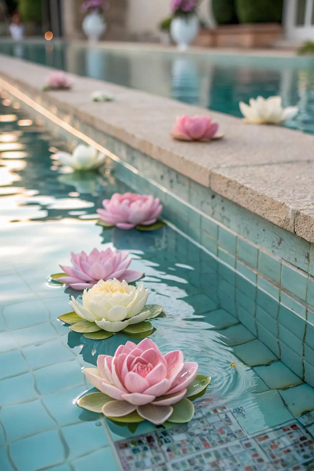Sophisticated drifting floral displays gracing a serene pool surface.