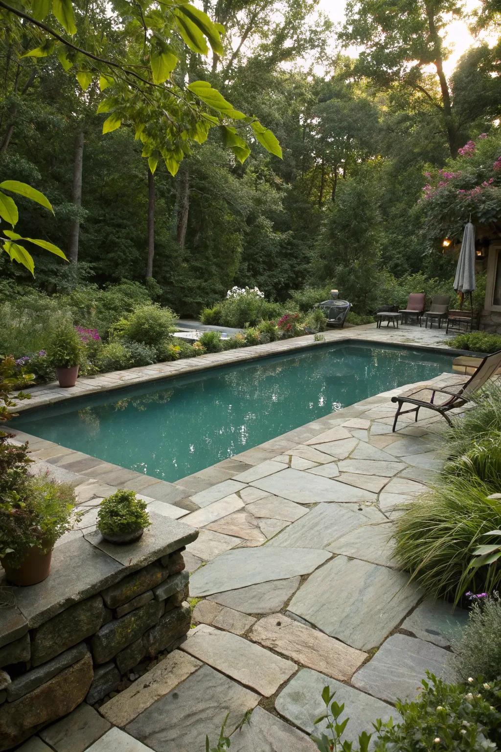 Natural stone decks provide a beautiful and durable space around any pool.