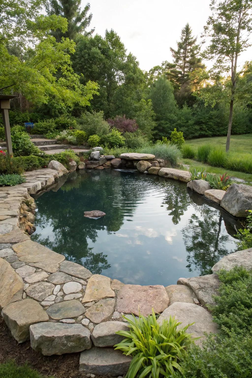A pool pond elevated by the addition of natural stone elements.