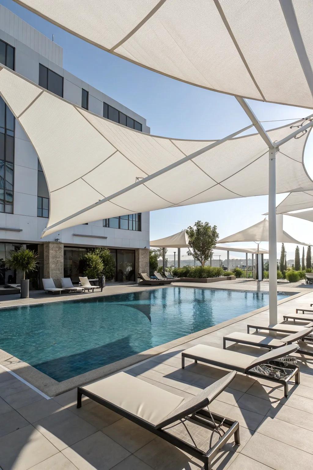 Contemporary shade sails offering stylish protection from the sun.
