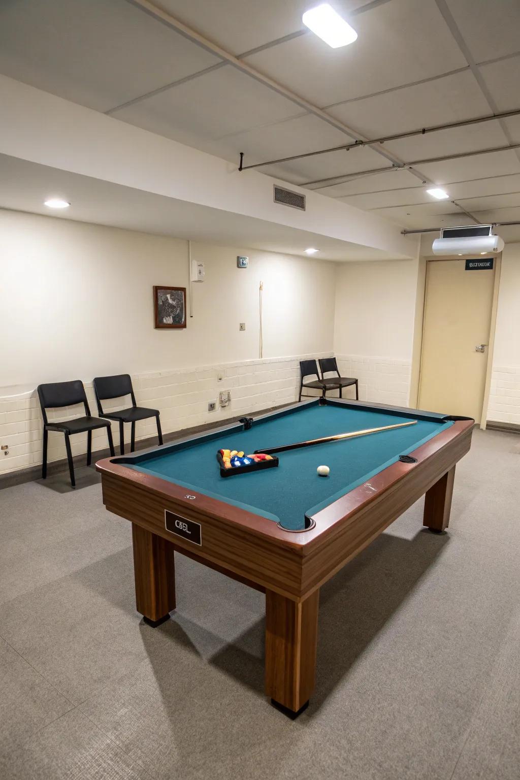 A streamlined 7-foot pool table integrates seamlessly into a small room, maximizing both space and aesthetics.