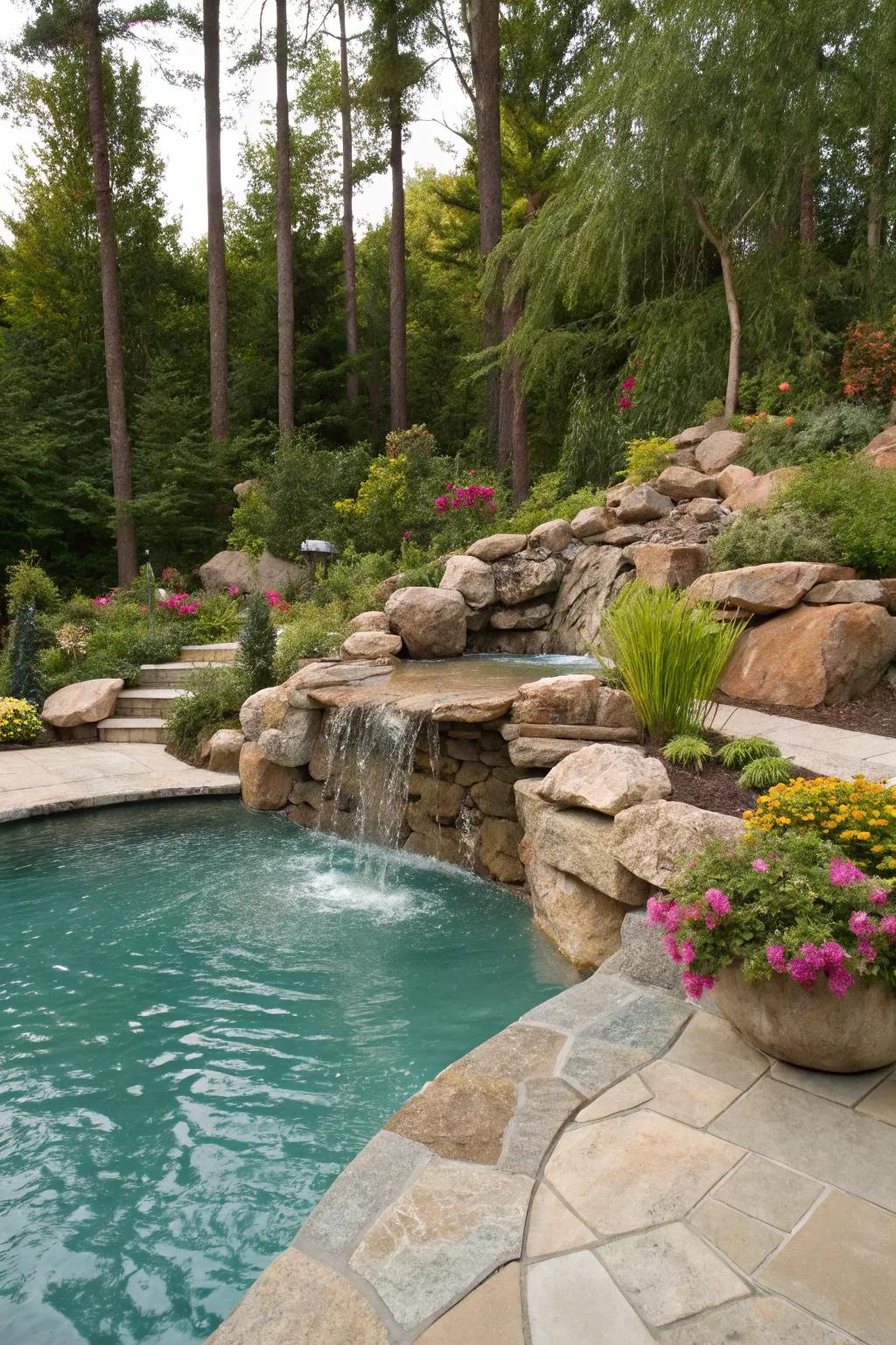 A natural rock waterfall introduces a touch of rustic charm to your pool area.