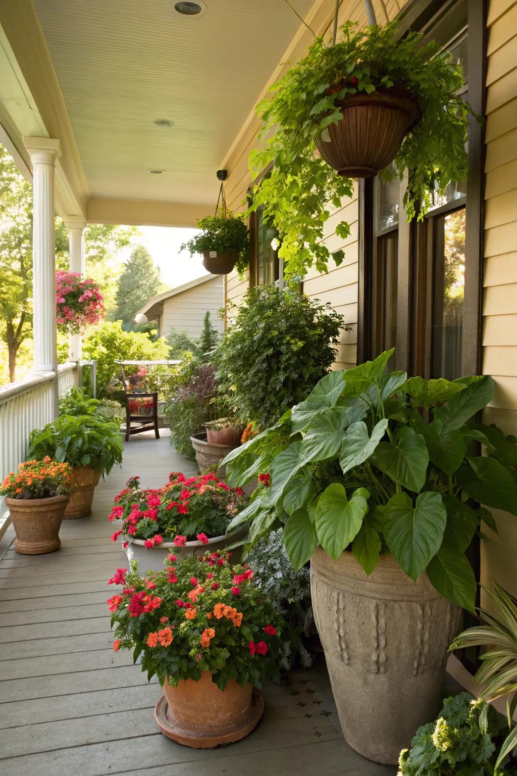 A vibrant porch brimming with an assortment of potted plants.