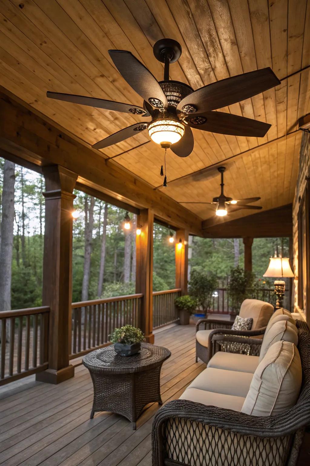 A timeless ceiling fan introduces both charm and functionality to this inviting porch.