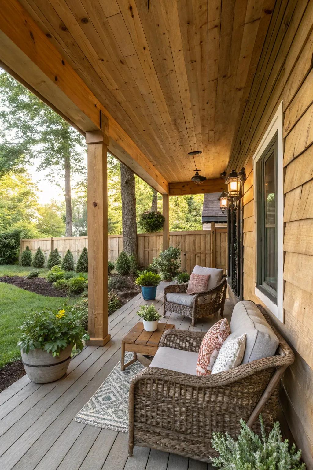 A delightful, countryside-style wood knee wall embellishing a porch.