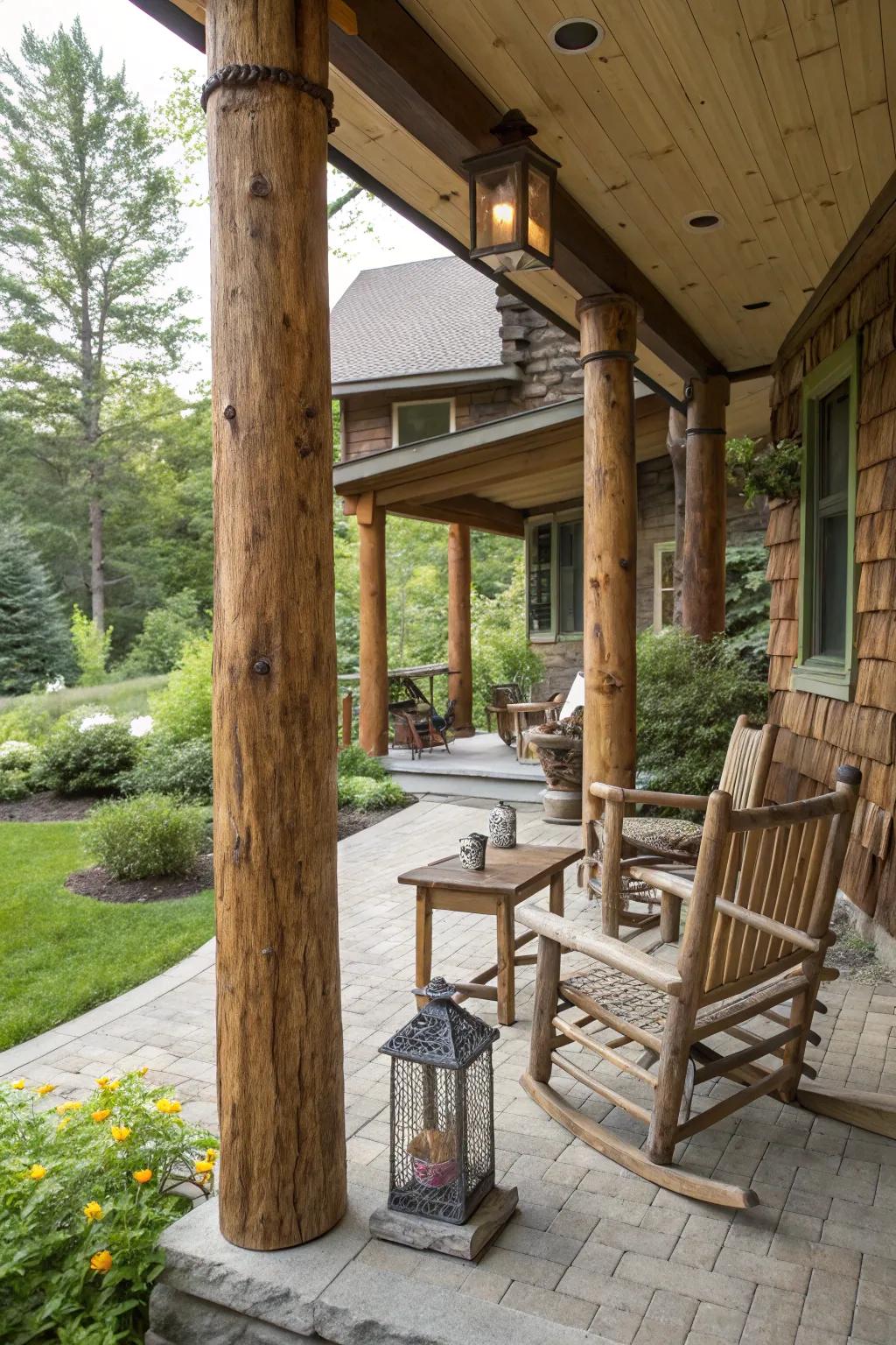 Country wooden veranda posts bring warmth and charm.