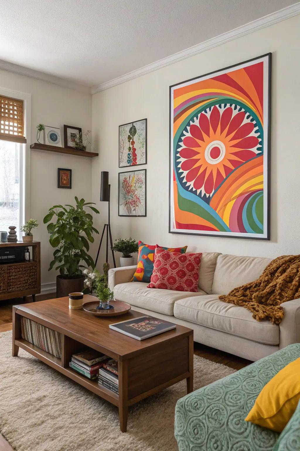 A vibrant abstract poster adds a burst of color to any room.