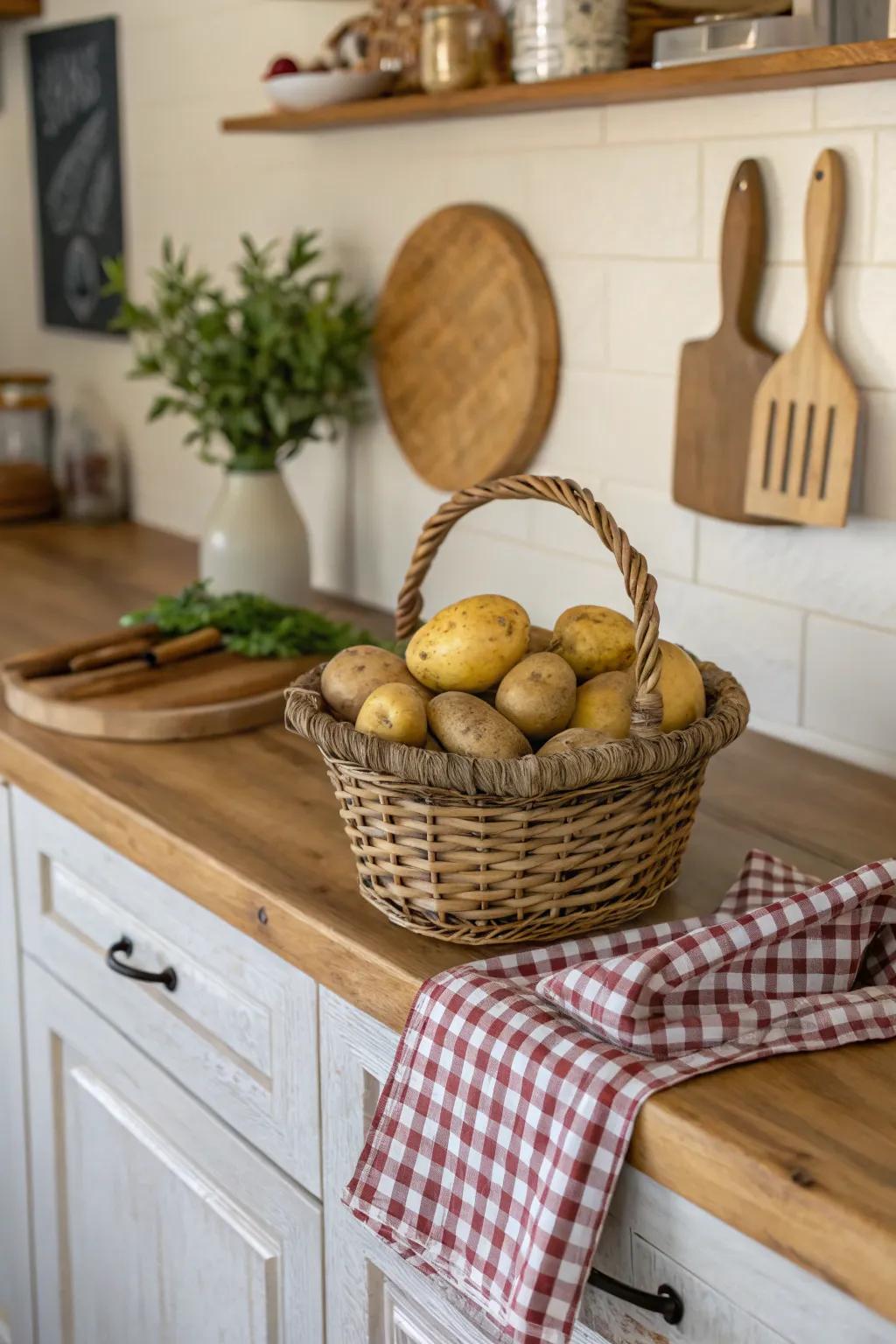Country allure with a basket brimming with potatoes.