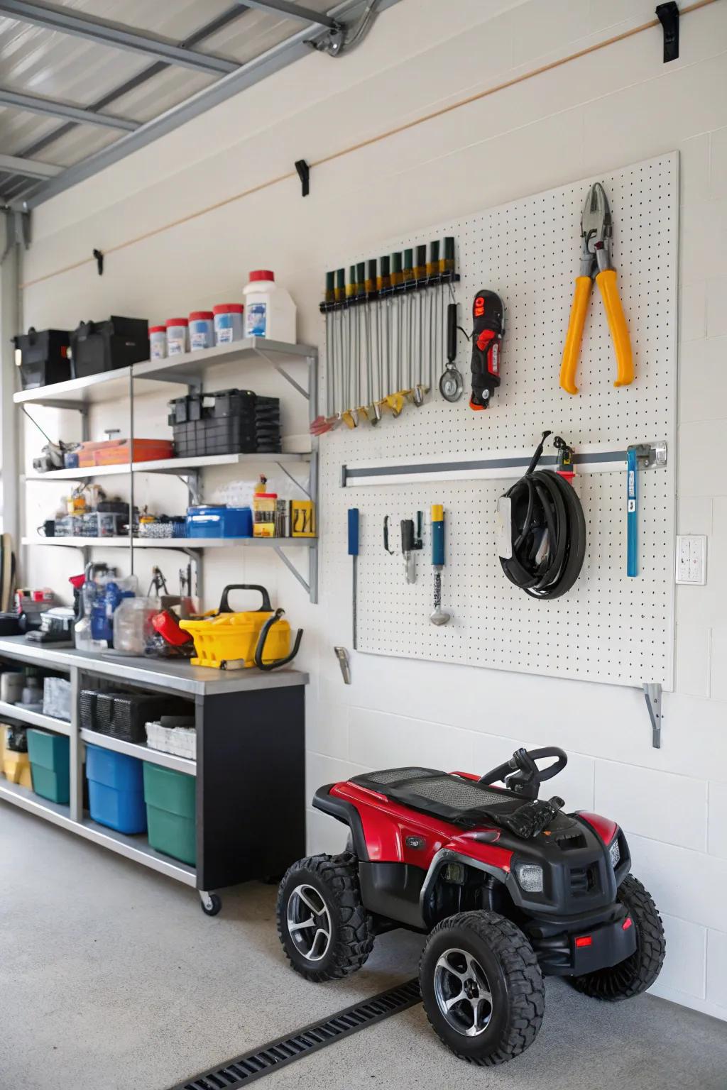 Motorized toys hanging on garage wall hooks, a smart way to save space.