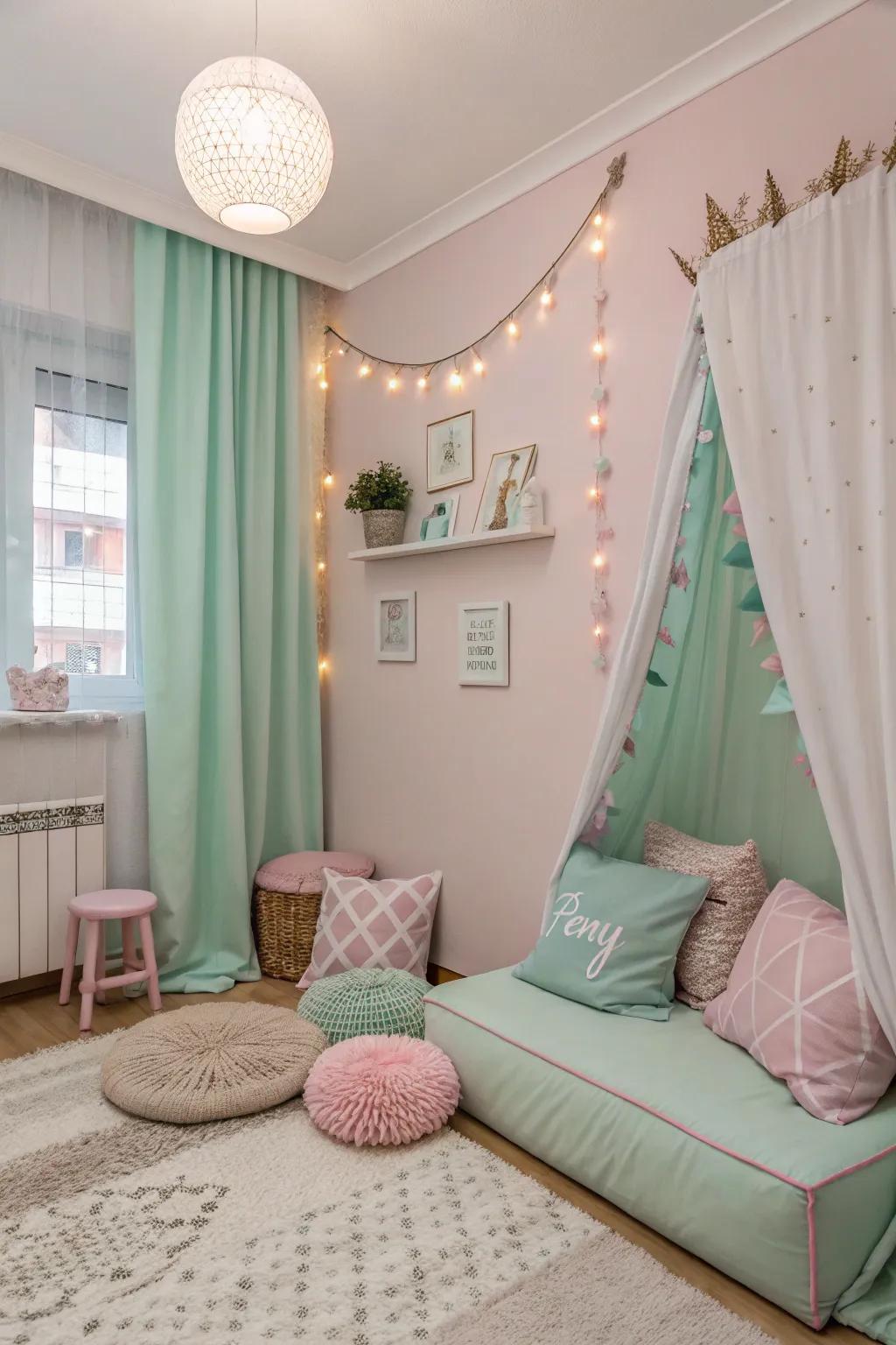 Soft pastel shades infuse your preppy room with a serene and stylish vibe.