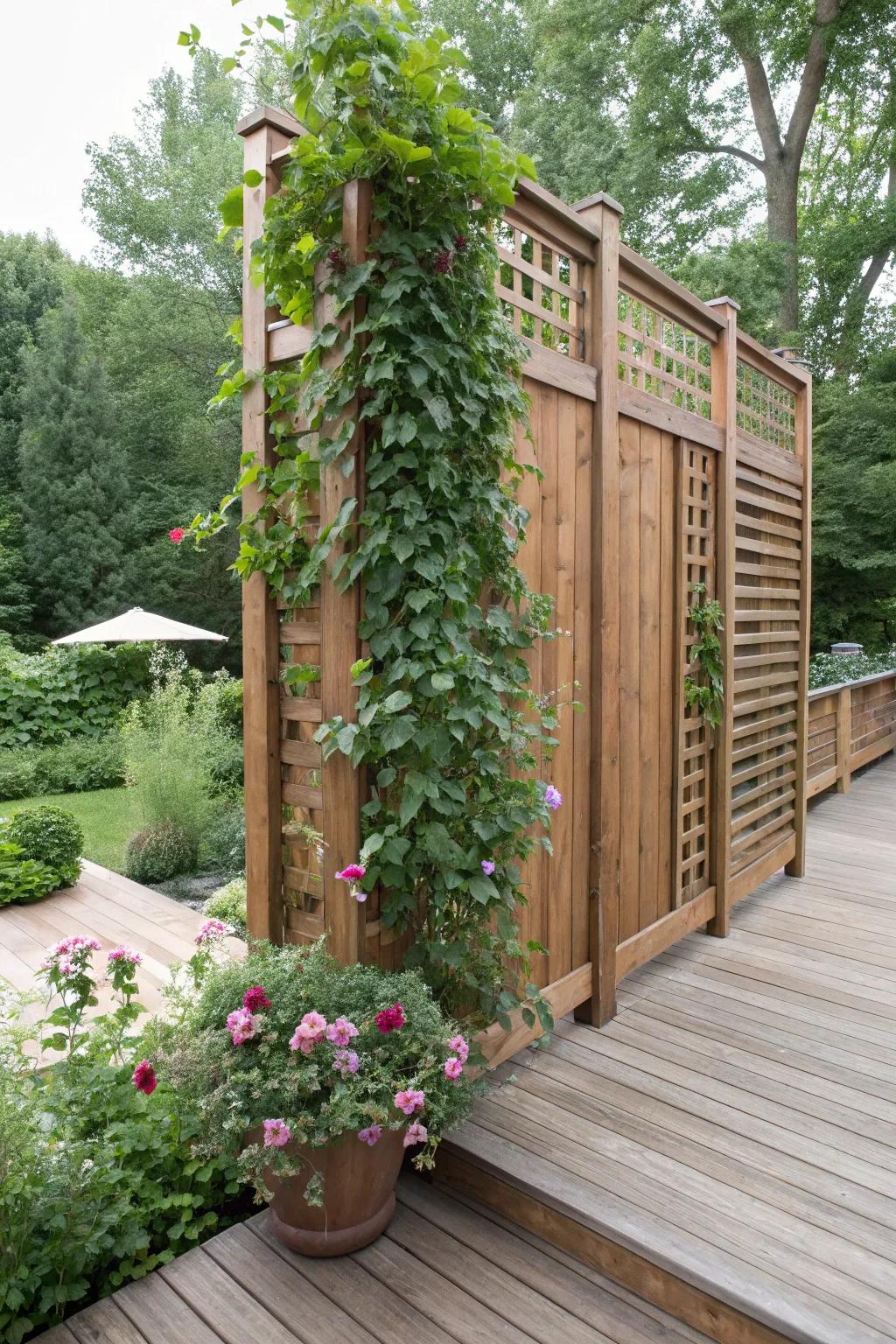 A timber seclusion screen embellished with abundant climbing flora.
