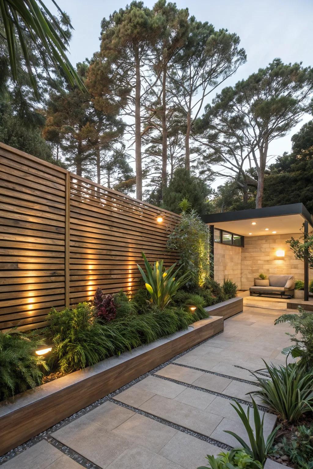 Slat wood panels deliver a blend of privacy and modern flair.