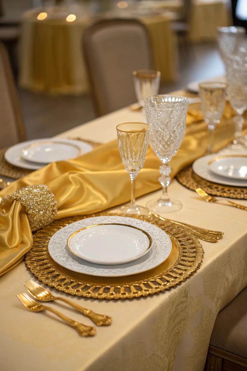 Plush sheen strips enrich prom tables with luxurious appeal.