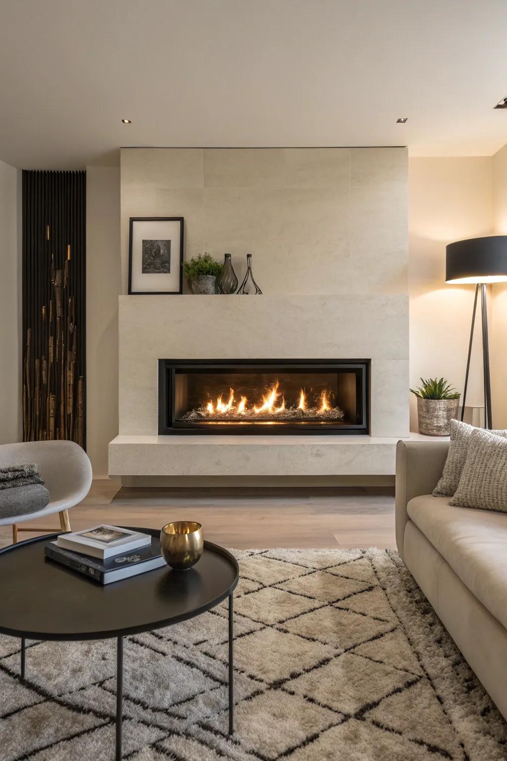 A minimalist living room highlighted by a streamlined propane fireplace.