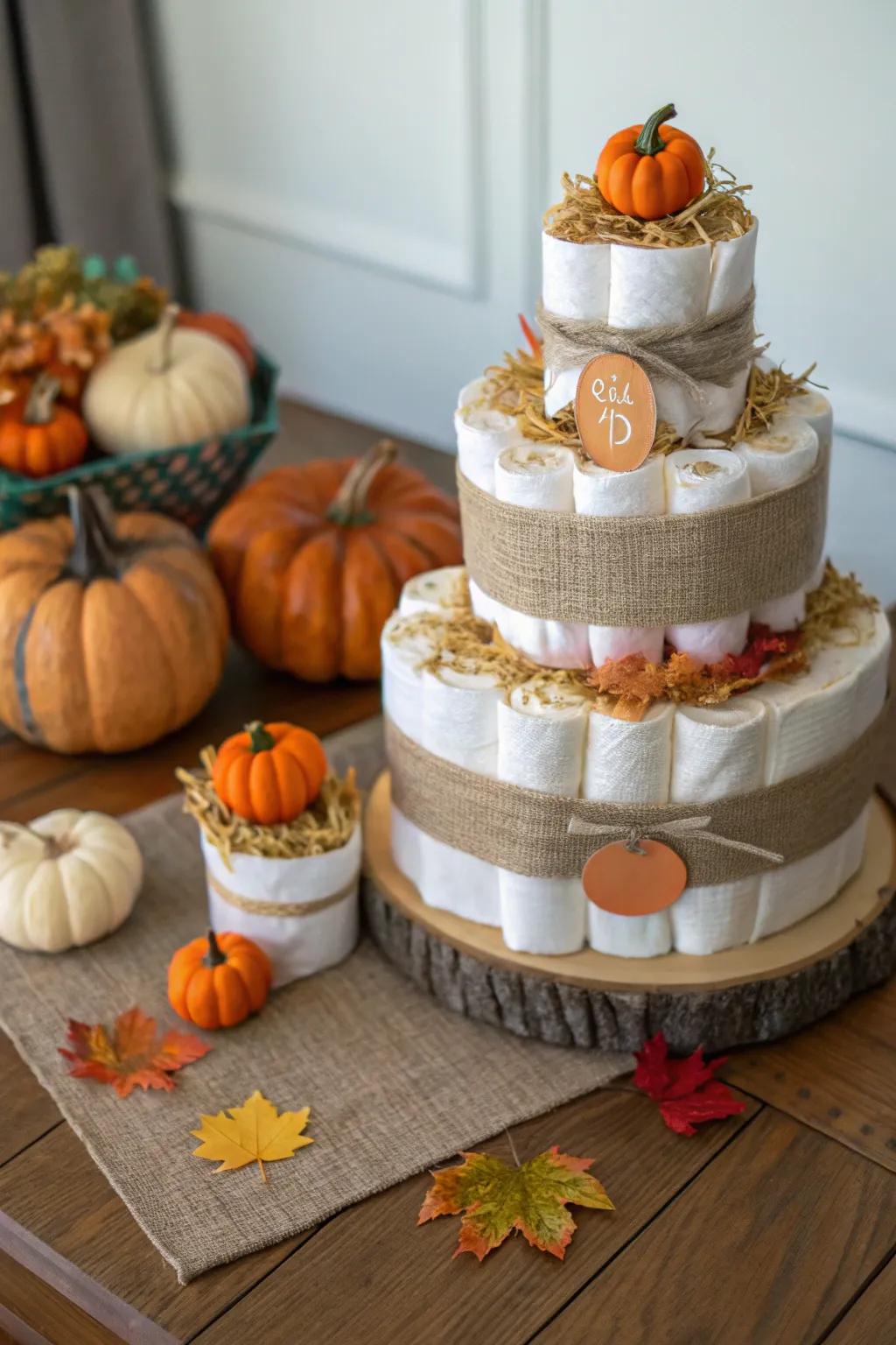 A traditional squash garden nappy display is essential for any autumn baby celebration.