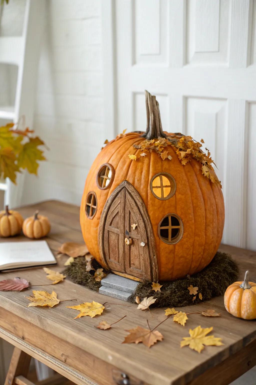 Embrace the sorcery of autumn with a traditional pumpkin pixie haven, where simplicity converges with captivating artistry.