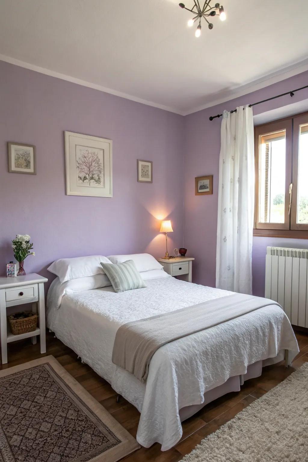 Light violet walls foster a soothing ambiance within this minimalist bedroom setting.