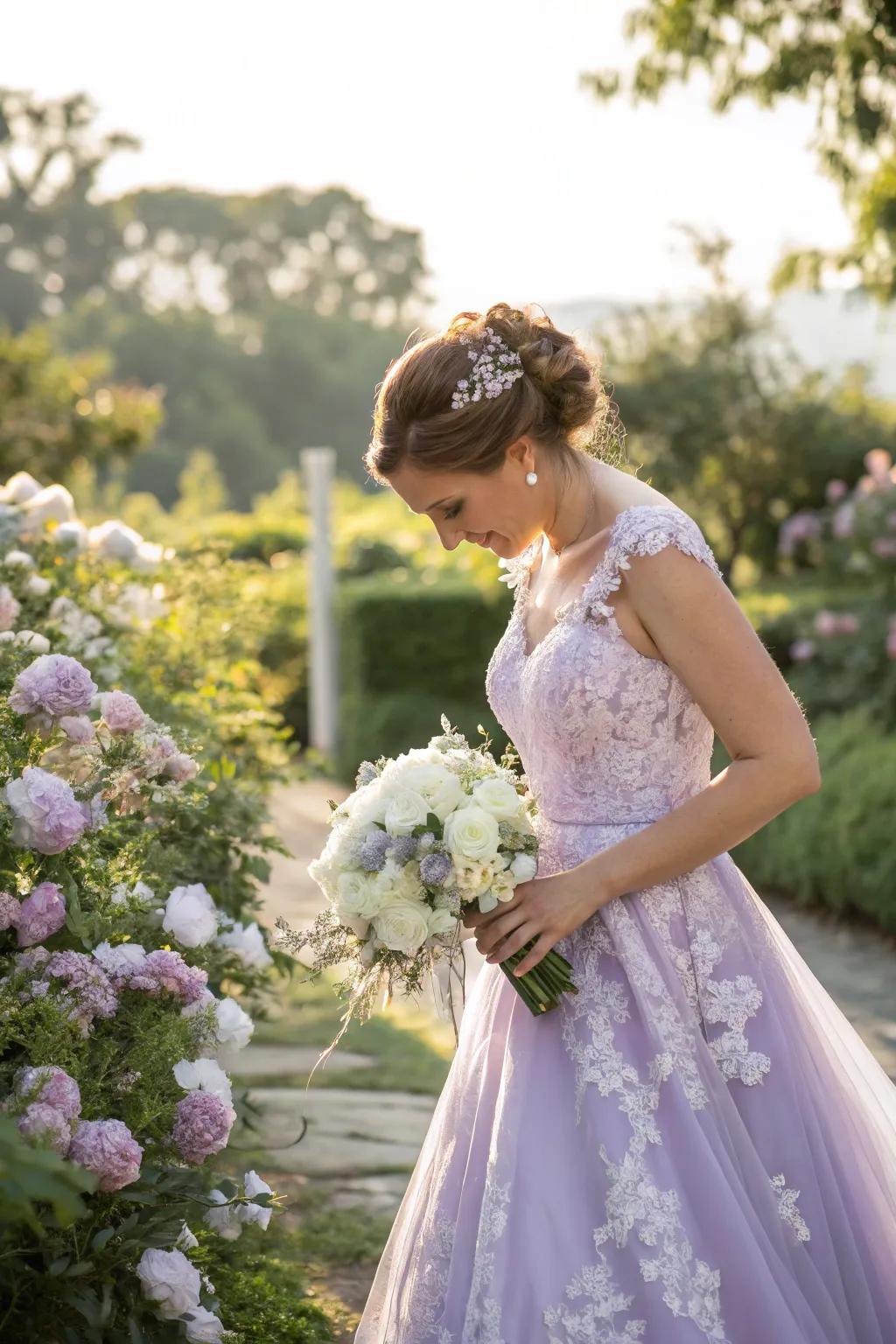 A bride in an enchanting lavender gown brings a touch of magic to her big day.