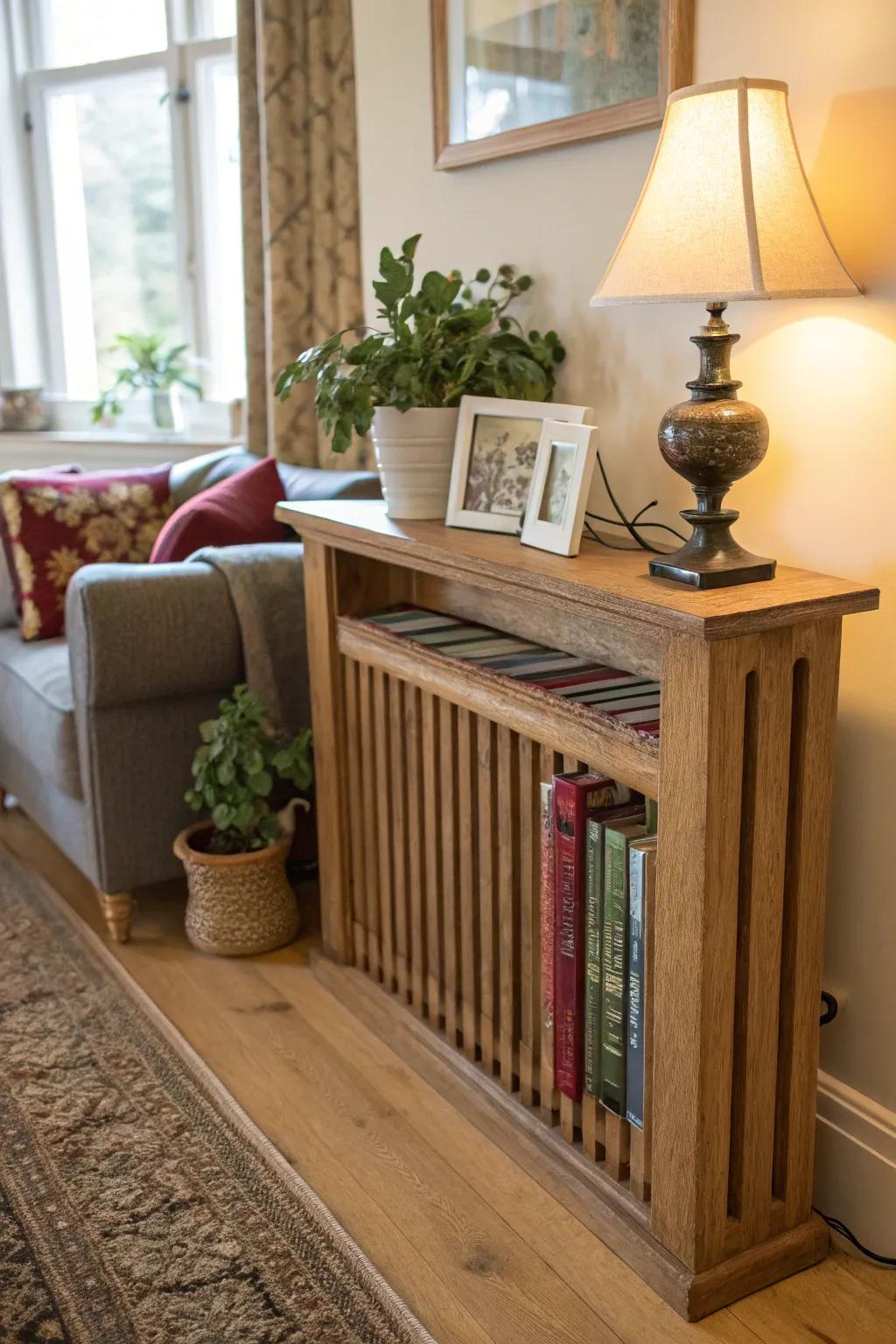 Wood shelves add a sense of warmth and sophistication to any radiator.