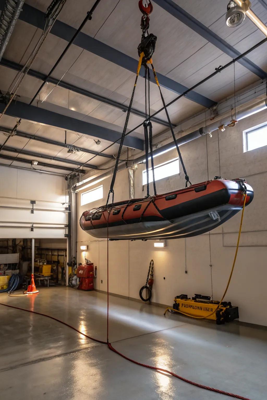 Overhead storage protects your raft and frees up your area.