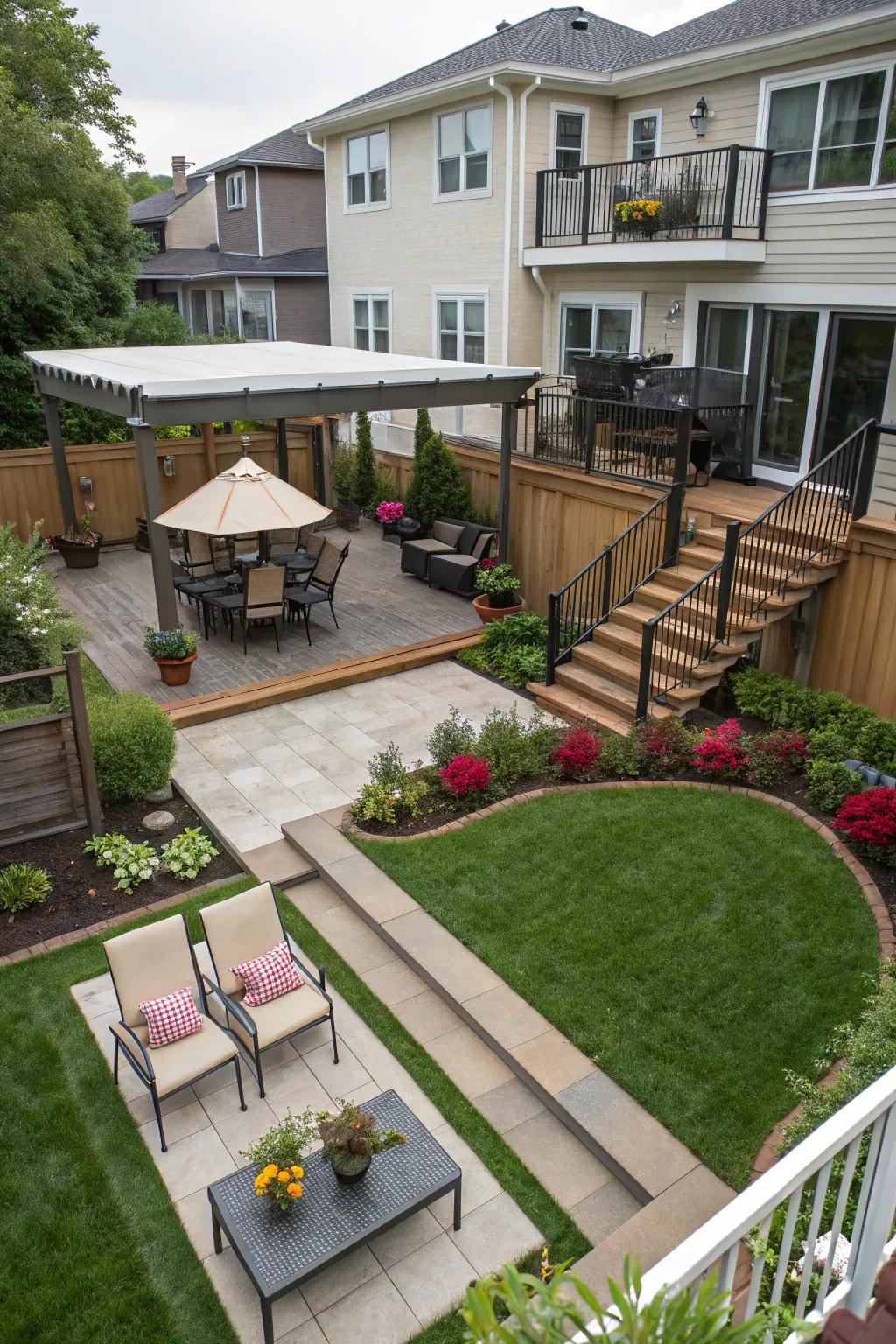 Tiered designs bring dimension and intrigue to any rectangular backyard.