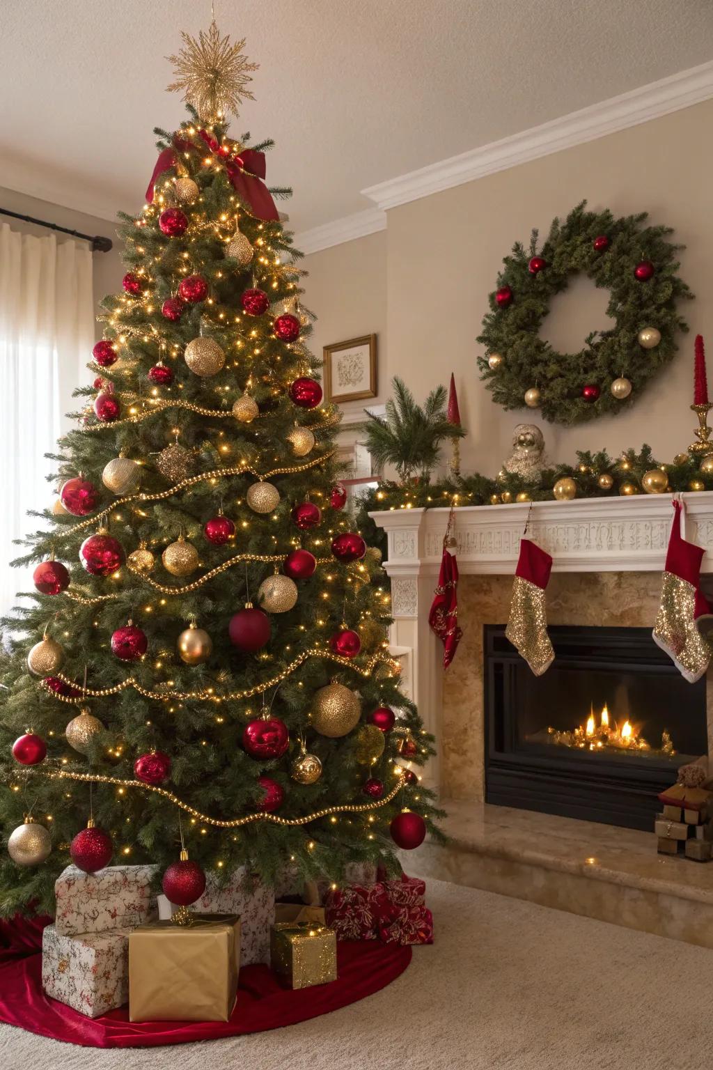 Classic elegance with shiny and matte red and gold baubles.