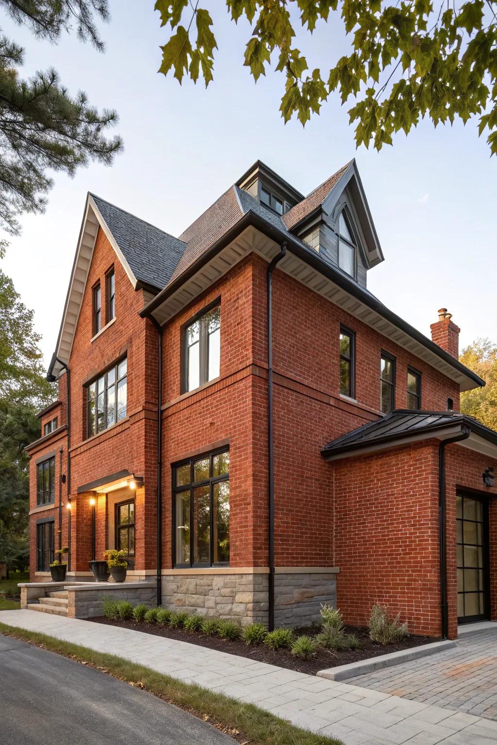 A seamless merge of modern and traditional designs on a red brick house.