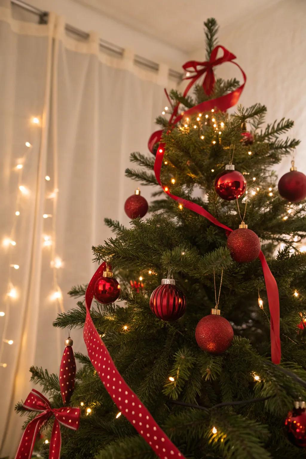 A Christmas tree elegantly adorned with red decorations.