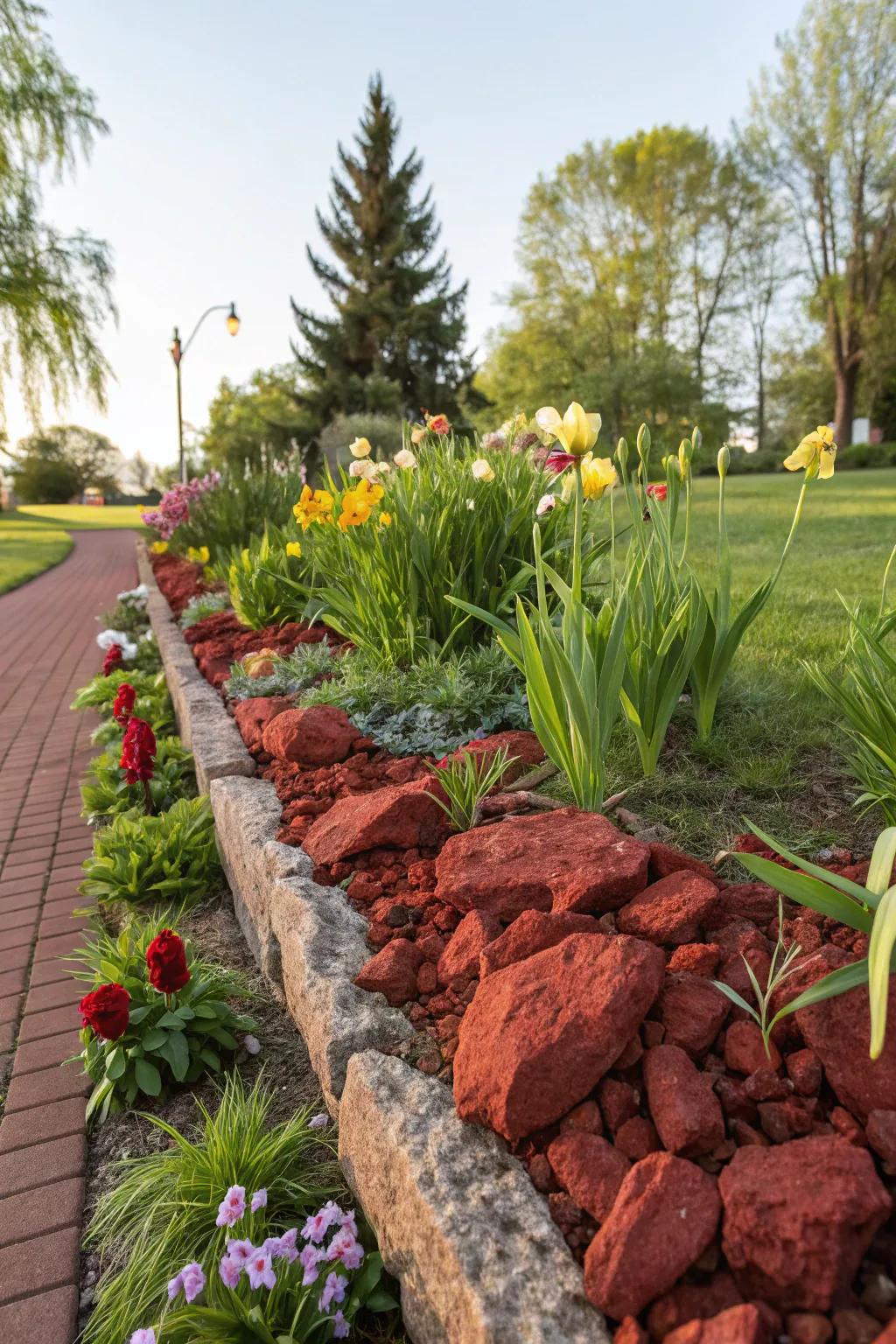 Scarlet volcanic stones define a sharp border, intensifying the garden's vivid hues.