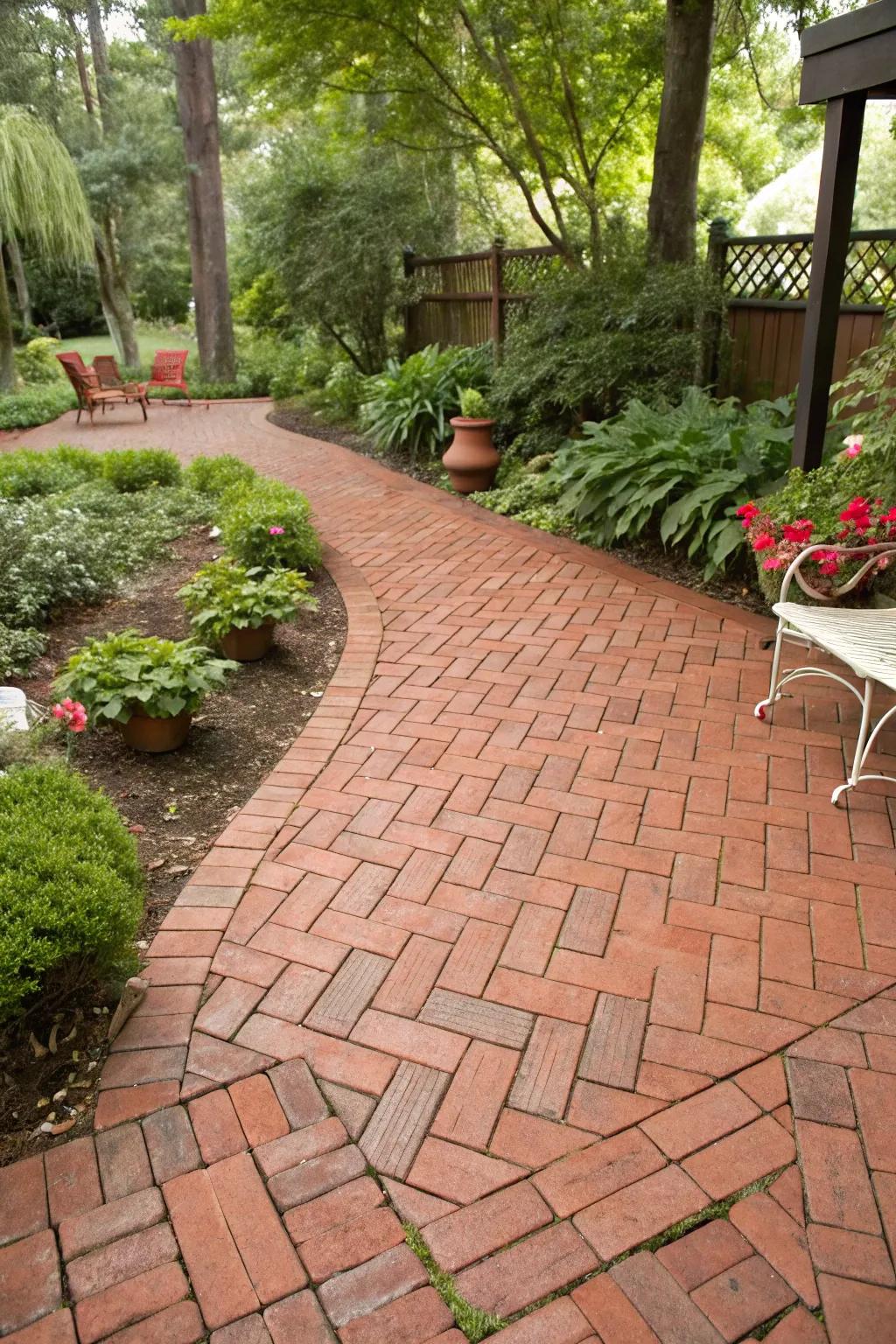The traditional herringbone arrangement imparts eternal grace to your patio.