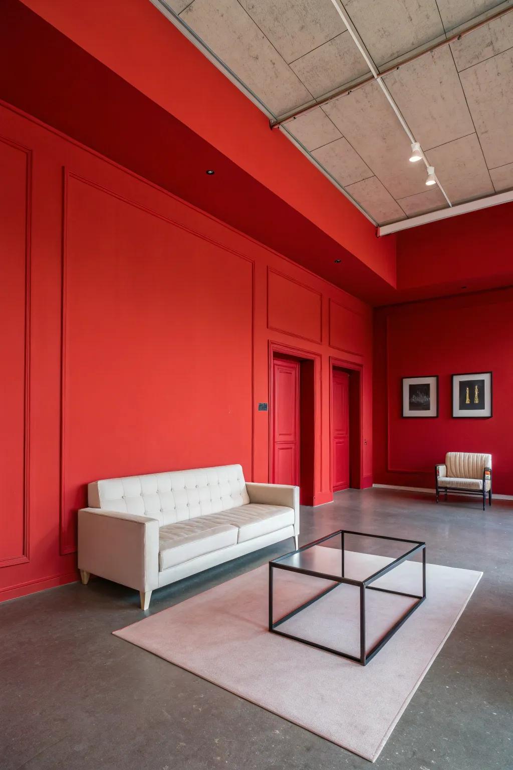 A space showcasing vibrant red walls, an ideal foundation for minimalist design.