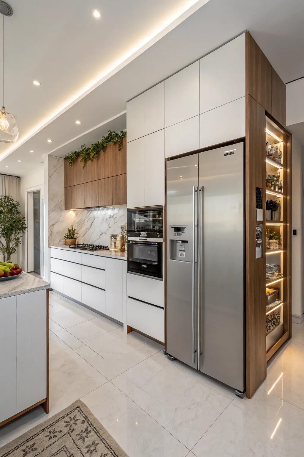 A streamlined built-in refrigerator enhances the harmonious flow in a modern kitchen.