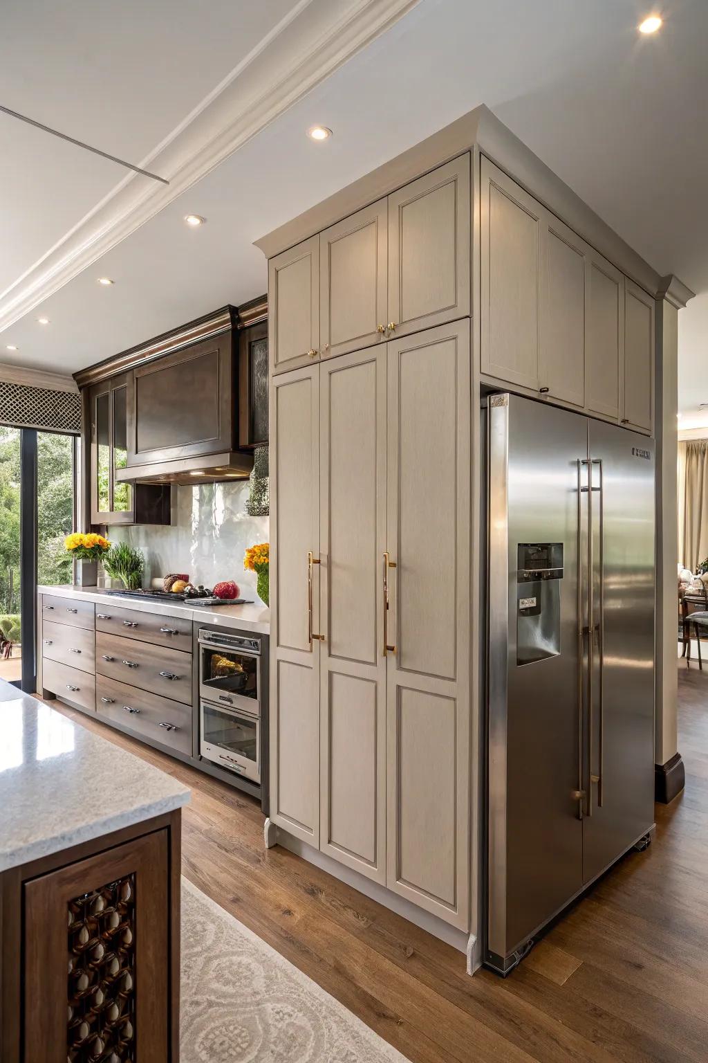 A kitchen featuring a refrigerator cleverly hidden behind custom cabinetry panels.