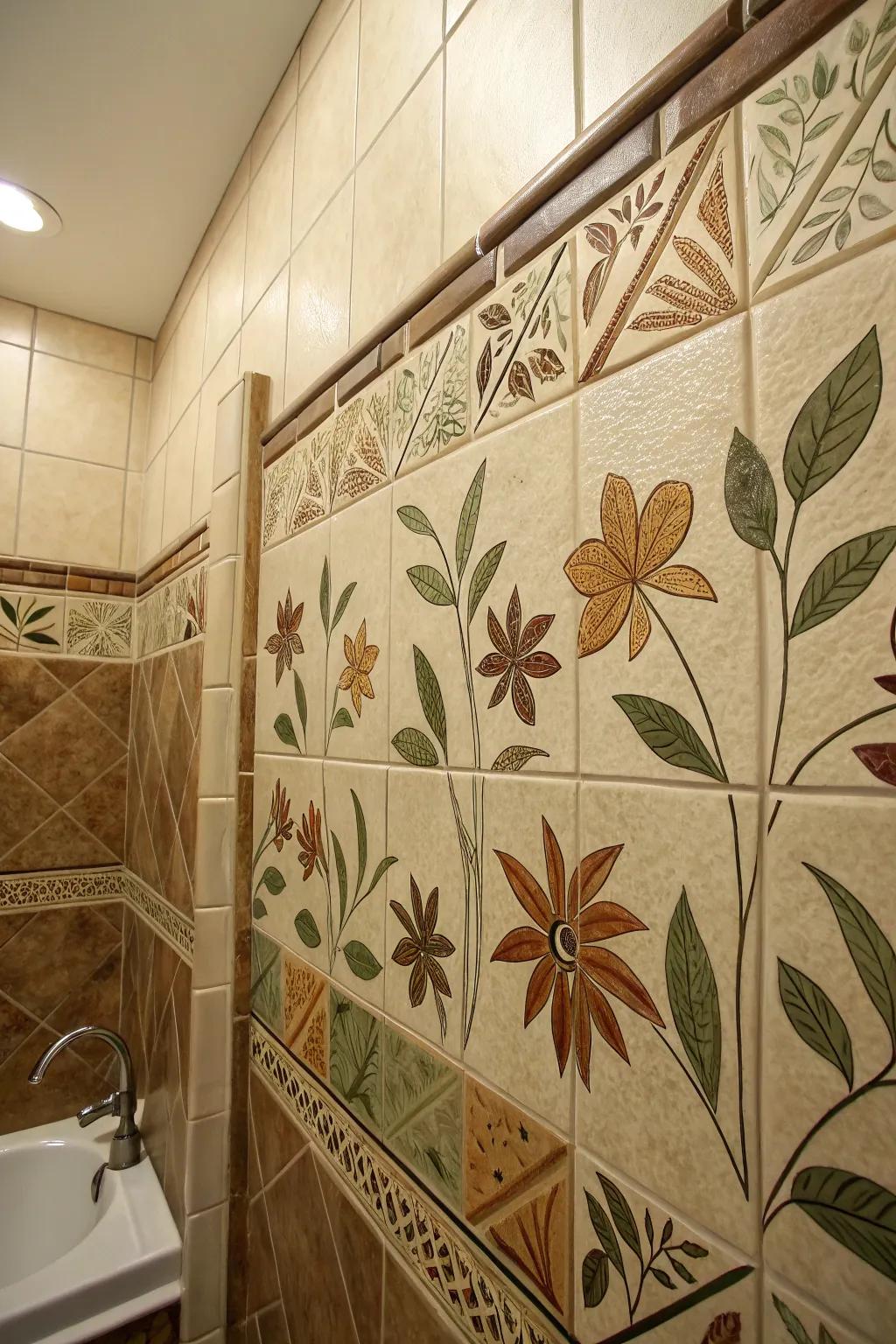 The organic tones and leaf patterns of these relief tiles foster an indoor connection with nature.