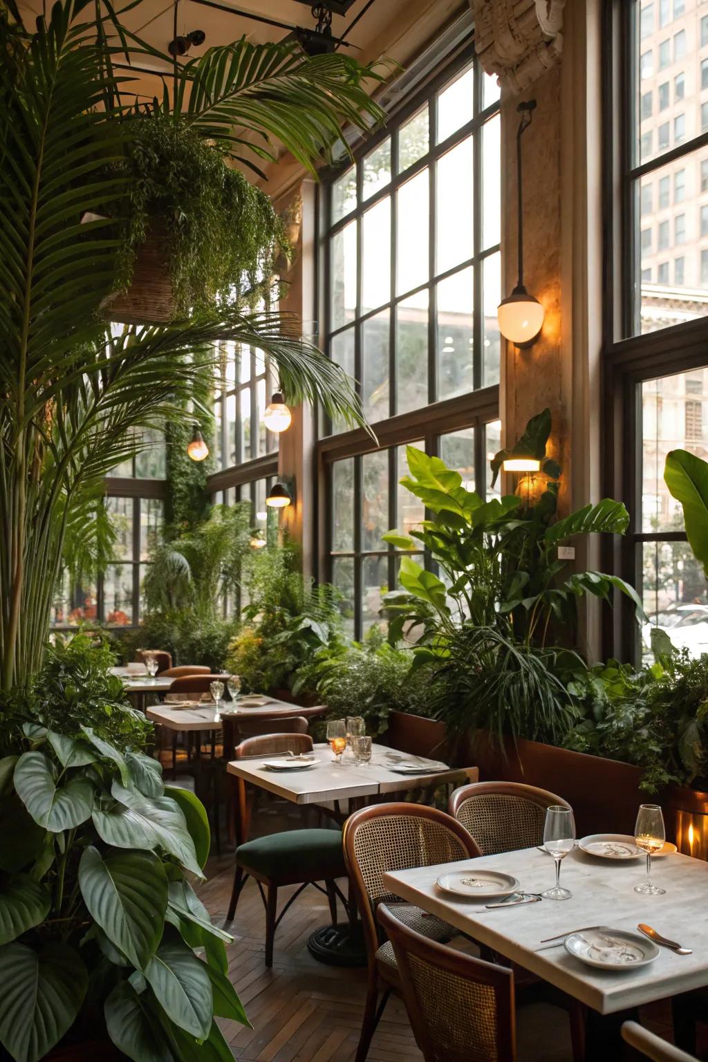 The integration of natural elements breathes vitality into dining settings, fashioning a peaceful dining locale.