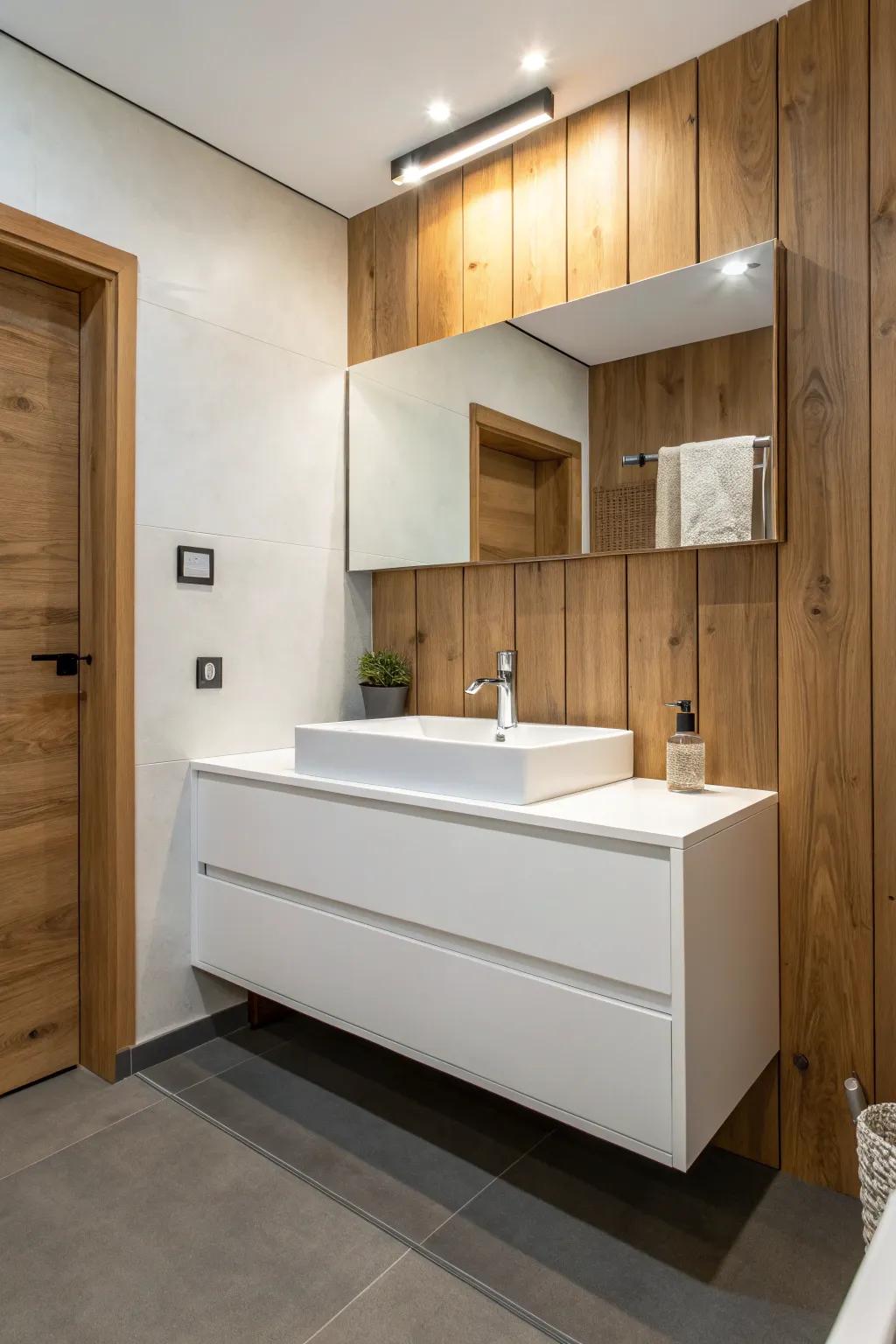 A pristine and airy restroom featuring an elevated vanity to amplify the space.