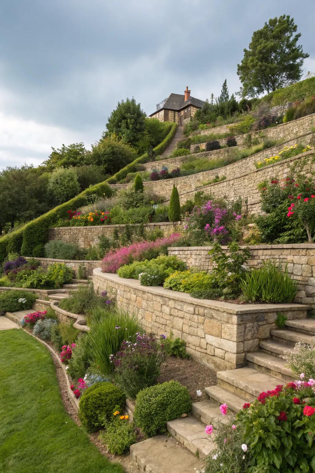 A terraced garden showing different levels made with garden border blocks, filled with various plants.