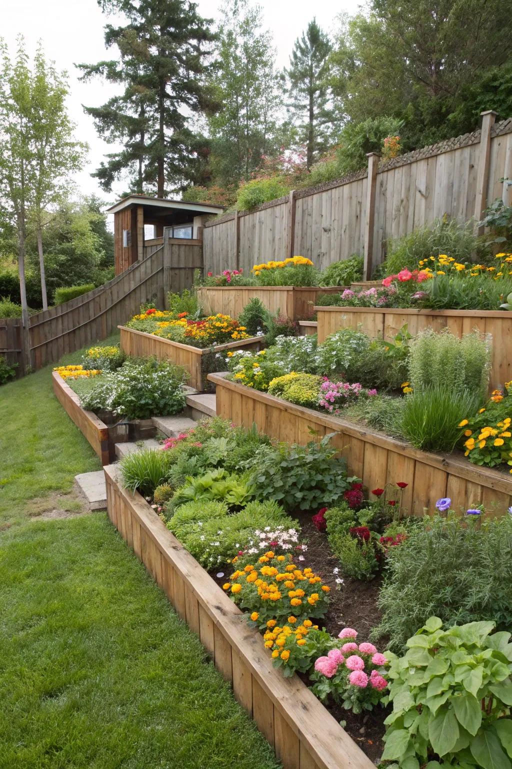 Fashion a terraced garden adorned with retaining walls, delivering a vibrant and layered visual feast.