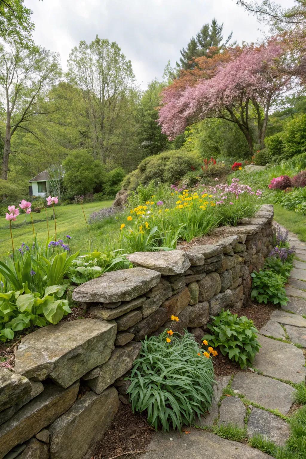 A weathered stone retaining wall infuses timeless charm into any garden.